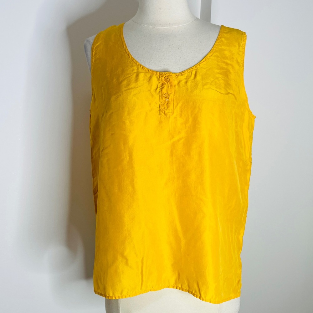 Vintage 100% Silk Henley Tank Top Marigold Yellow Sleeveless Scoop Neck Medium